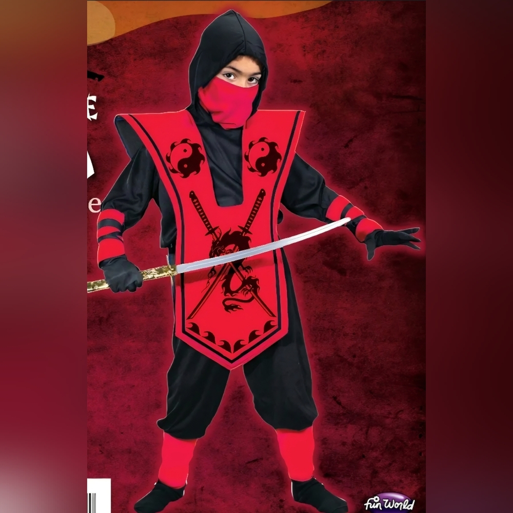 Complete Ninja Costume New Size Small 4-6 Red & Black Boys